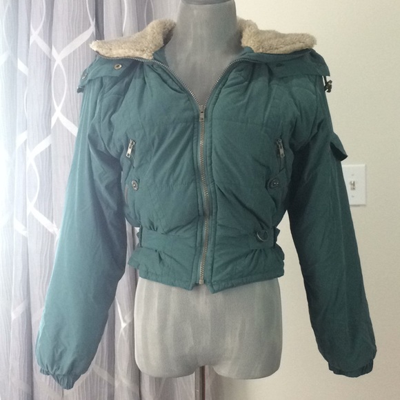 Green Puffer ski jacket with faux fur collar  hood - Picture 1 of 8